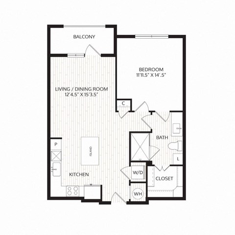 Floor plan for 1 bed, 1 bath, 772 sqft